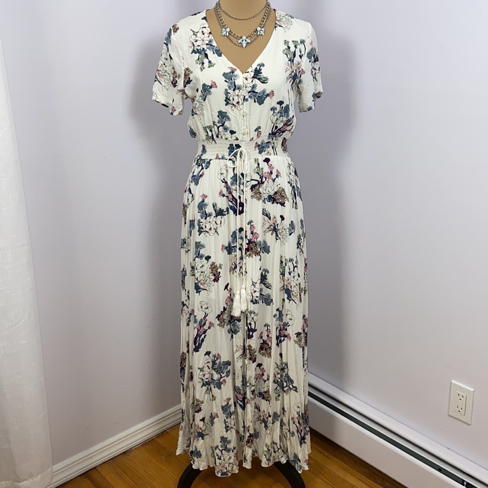 Floral Maxi Dress Button Up Split Flowy Bohemian Party Beach Size S
